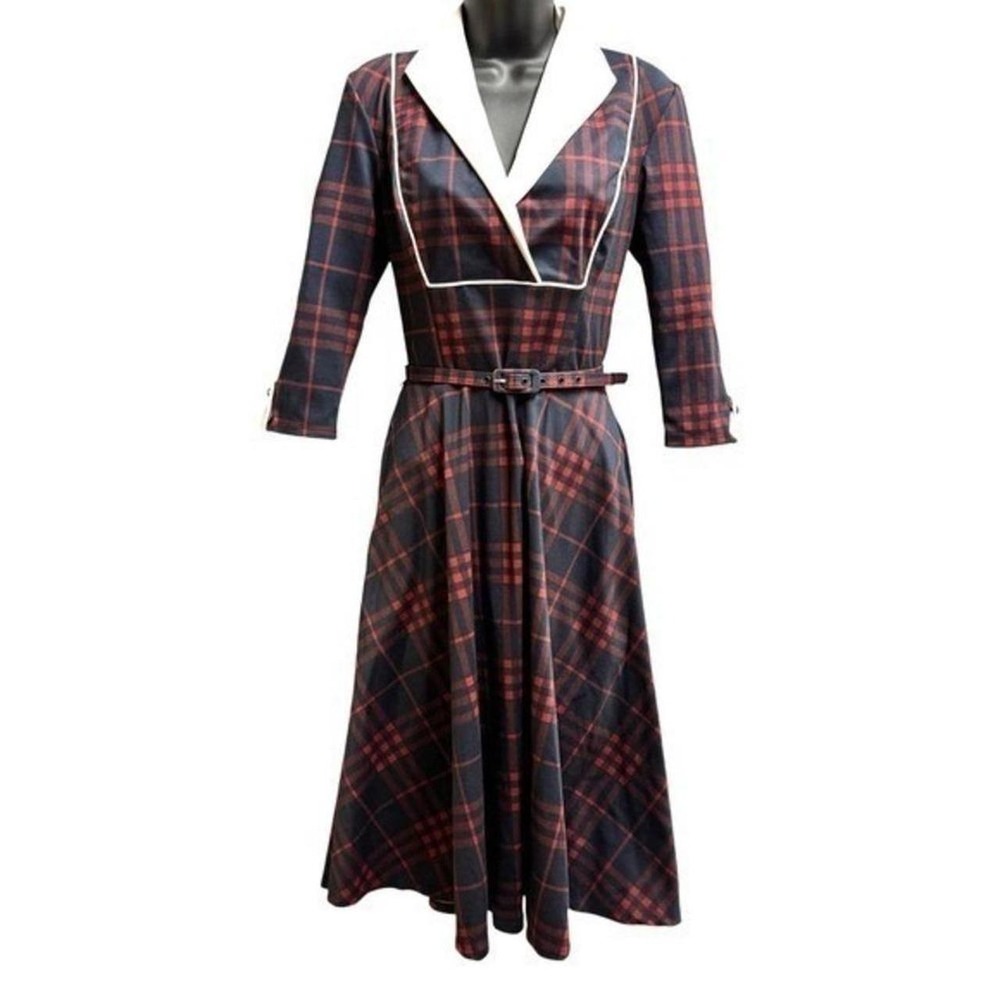 Unique Vintage Navy Red Plaid Dress Small NWT Dark Academia Retro Midi Belted